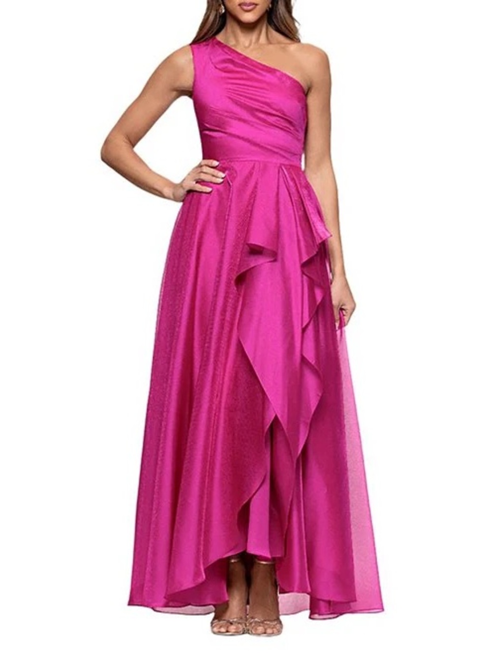 Xscape One-Shoulder Ruffle Gown in Magenta